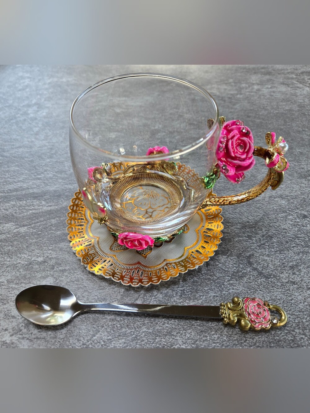 Enamel Pink Rose Decorative Glass Tea Cup with Pink Rose Accents